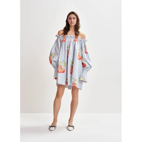Essentiel Antwerp Blue, white and burned orange striped off-the-shoulder mini dress with embroidery, view 3