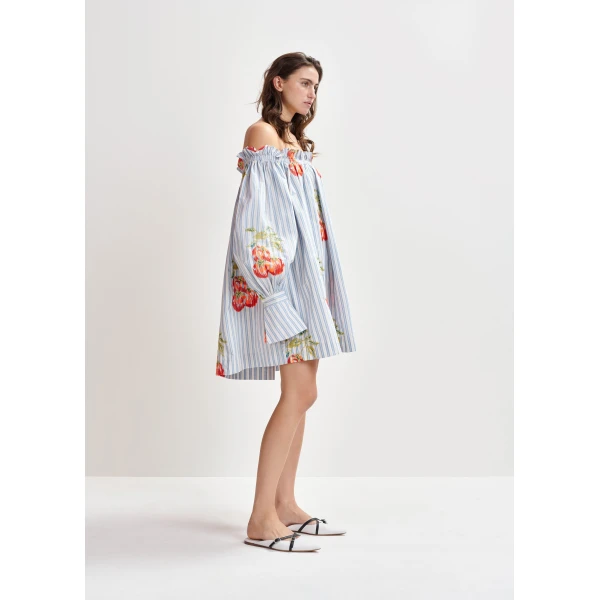 Essentiel Antwerp Blue, white and burned orange striped off-the-shoulder mini dress with embroidery, view 4