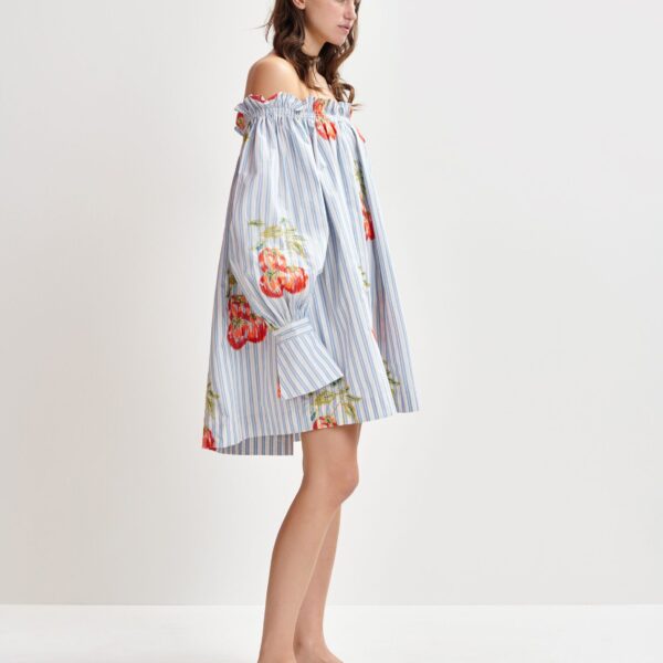 white and burned orange striped off-the-shoulder mini dress with embroidery - Essentiel Antwerp Dresses - Colorful Belgian Design - Shop at Coveti