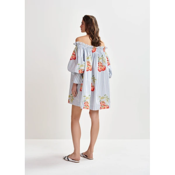 Essentiel Antwerp Blue, white and burned orange striped off-the-shoulder mini dress with embroidery, view 5