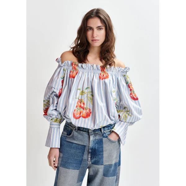 Essentiel Antwerp Blue , white and burned orange striped off-the-shoulder shirt with embroidery, view 2