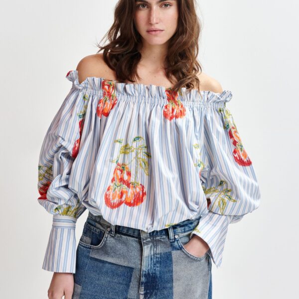 white and burned orange striped off-the-shoulder shirt with embroidery - Essentiel Antwerp Shirts - Colorful Belgian Design - Shop at Coveti