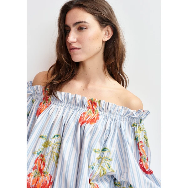 Essentiel Antwerp Blue , white and burned orange striped off-the-shoulder shirt with embroidery, view 3