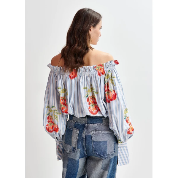 Essentiel Antwerp Blue , white and burned orange striped off-the-shoulder shirt with embroidery, view 4