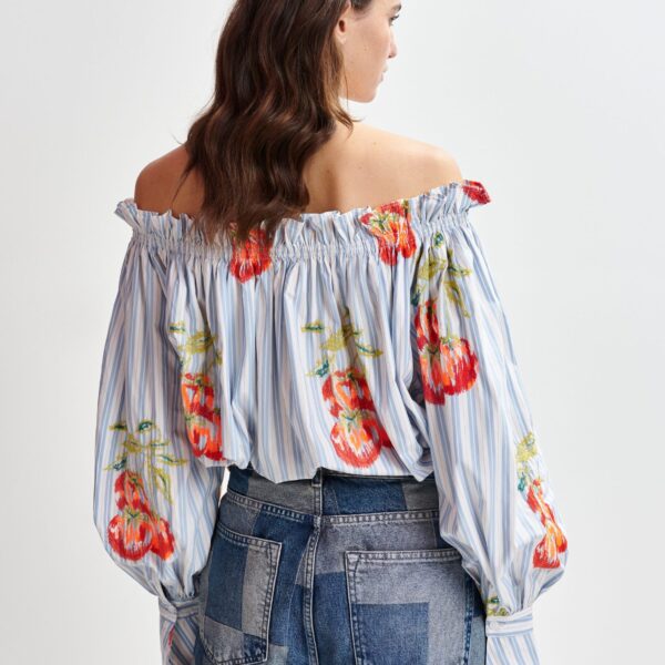 white and burned orange striped off-the-shoulder shirt with embroidery - Essentiel Antwerp Shirts - Colorful Belgian Design - Shop at Coveti