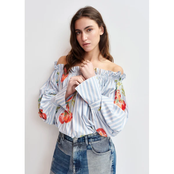 Essentiel Antwerp Blue , white and burned orange striped off-the-shoulder shirt with embroidery, view 5