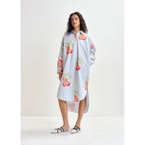 Essentiel Antwerp Blue, white and burned orange striped oversized midi dress with floral embroidery, view 2