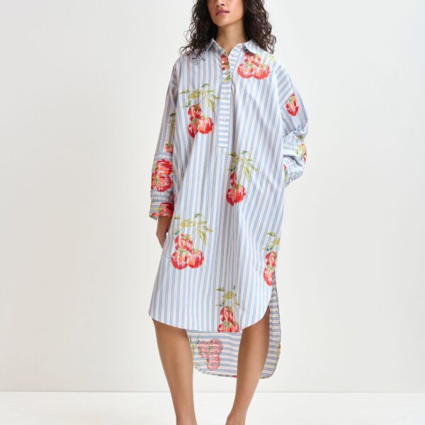white and burned orange striped oversized midi dress with floral embroidery - Essentiel Antwerp Dresses - Colorful Belgian Design - Shop at Coveti