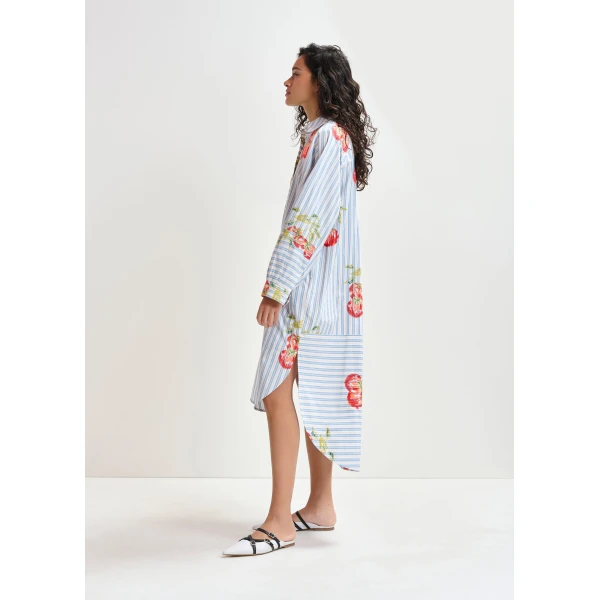 Essentiel Antwerp Blue, white and burned orange striped oversized midi dress with floral embroidery, view 3