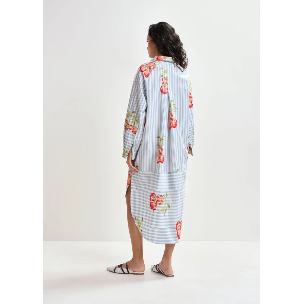 Essentiel Antwerp Blue, white and burned orange striped oversized midi dress with floral embroidery, view 4