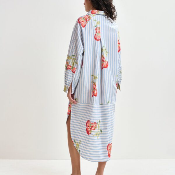 white and burned orange striped oversized midi dress with floral embroidery - Essentiel Antwerp Dresses - Colorful Belgian Design - Shop at Coveti