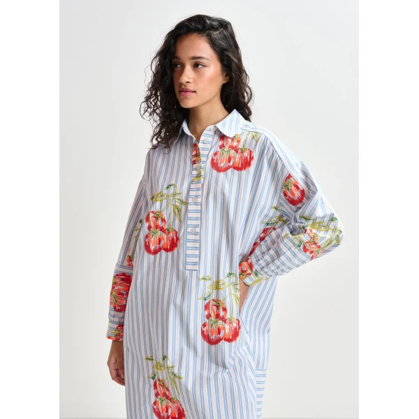 Essentiel Antwerp Blue, white and burned orange striped oversized midi dress with floral embroidery, view 5