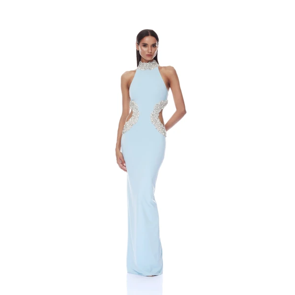 Bronx and Banco Camila Powder Blue Halterneck Cutout Maxi Dress, view 2