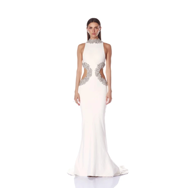 Bronx and Banco Camila White Rhinestone Cutout Gown