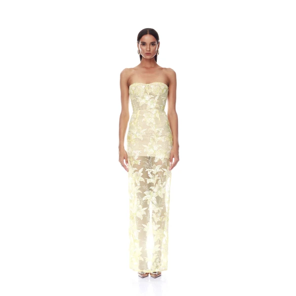 Bronx and Banco Daffodil Sequin Dahlia Strapless Maxi Dress