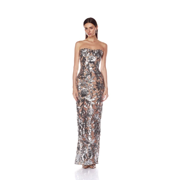 Bronx and Banco Dahlia Dark Silver Strapless Maxi Dress, view 2