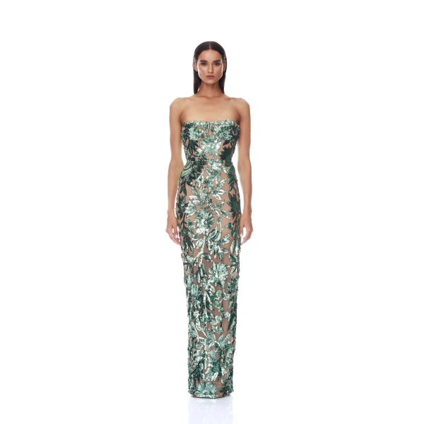 Bronx and Banco Dahlia Teal Strapless Maxi Dress