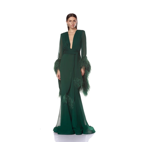 Bronx and Banco Geisha V-Neck Green Gown, view 2