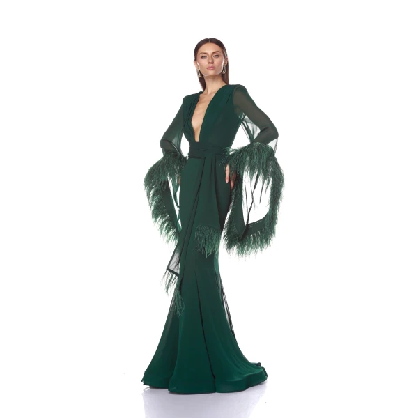 Bronx and Banco Geisha V-Neck Green Gown, view 3