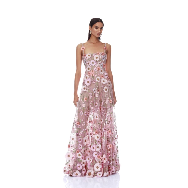 Bronx and Banco Venice 3D Floral Jasmine Pink Multi Maxi Gown, view 2