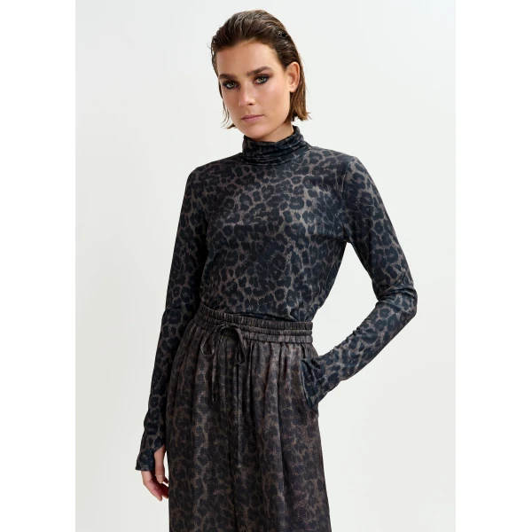 Essentiel Antwerp Brown and black leopard print turtleneck top, view 2