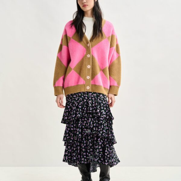 Essentiel Antwerp Brown and pink harlequin-patterned knit cardigan with flower-shaped buttons - Essentiel Antwerp Knitwear - Colorful Belgian Design - Shop at Coveti