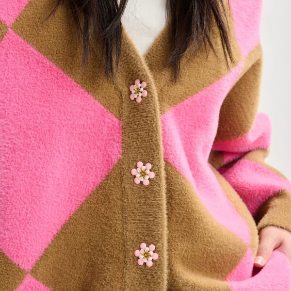 Essentiel Antwerp Brown and pink harlequin-patterned knit cardigan with flower-shaped buttons - Essentiel Antwerp Knitwear - Colorful Belgian Design - Shop at Coveti