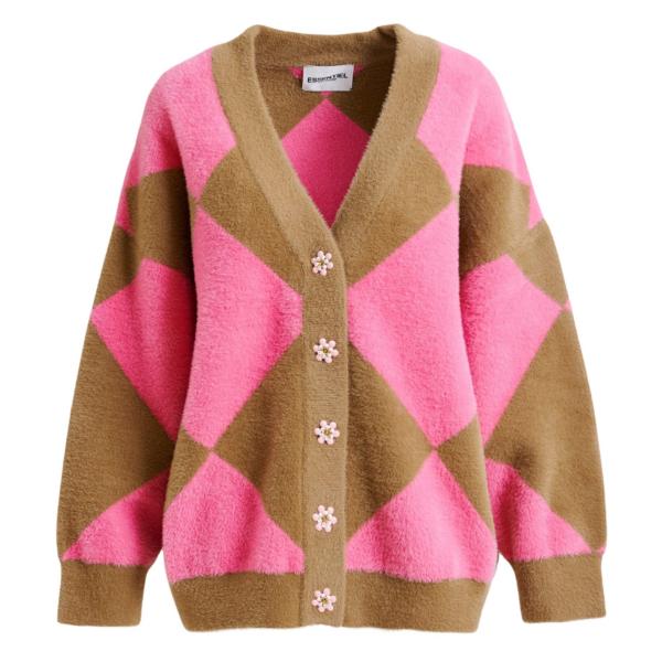 Essentiel Antwerp Brown and pink harlequin-patterned knit cardigan with flower-shaped buttons - Essentiel Antwerp Knitwear - Colorful Belgian Design - Shop at Coveti