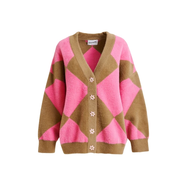 Essentiel Antwerp Brown and pink harlequin-patterned knit cardigan with flower-shaped buttons - Essentiel Antwerp Knitwear - Colorful Belgian Design - Shop at Coveti