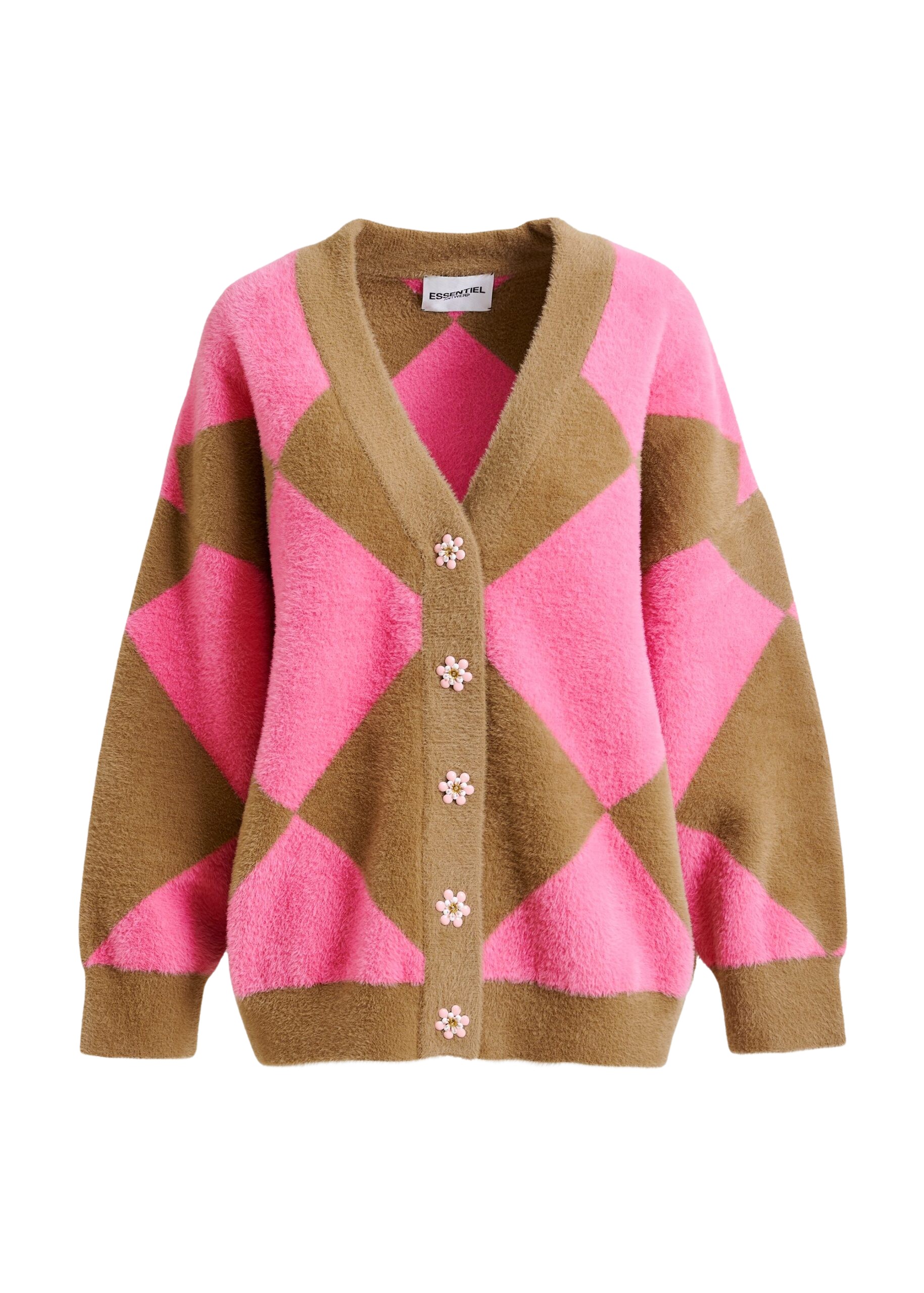 Essentiel Antwerp Brown and pink harlequin-patterned knit cardigan with flower-shaped buttons - Essentiel Antwerp Knitwear - Colorful Belgian Design - Shop at Coveti
