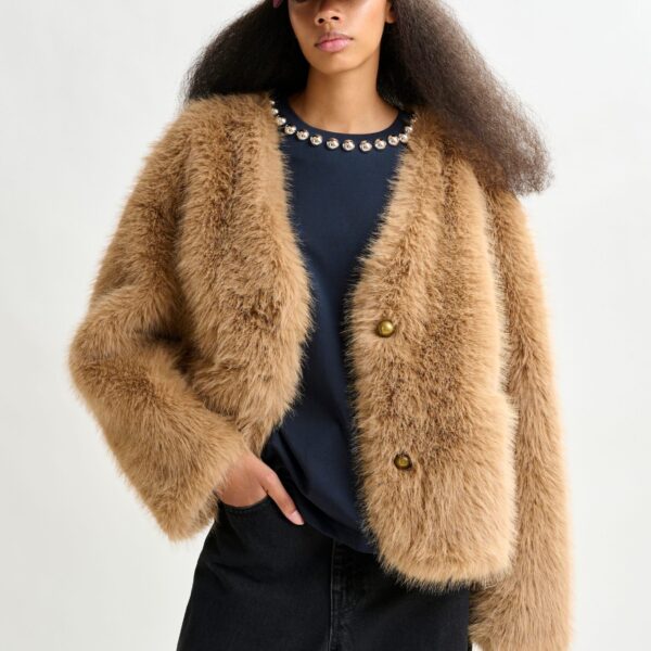 Essentiel Antwerp Brown faux fur jacket - Essentiel Antwerp Jackets - Colorful Belgian Design - Shop at Coveti
