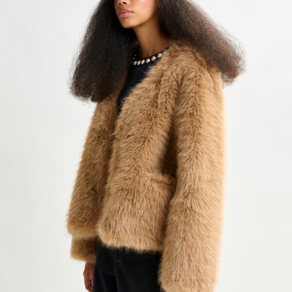 Essentiel Antwerp Brown faux fur jacket - Essentiel Antwerp Jackets - Colorful Belgian Design - Shop at Coveti