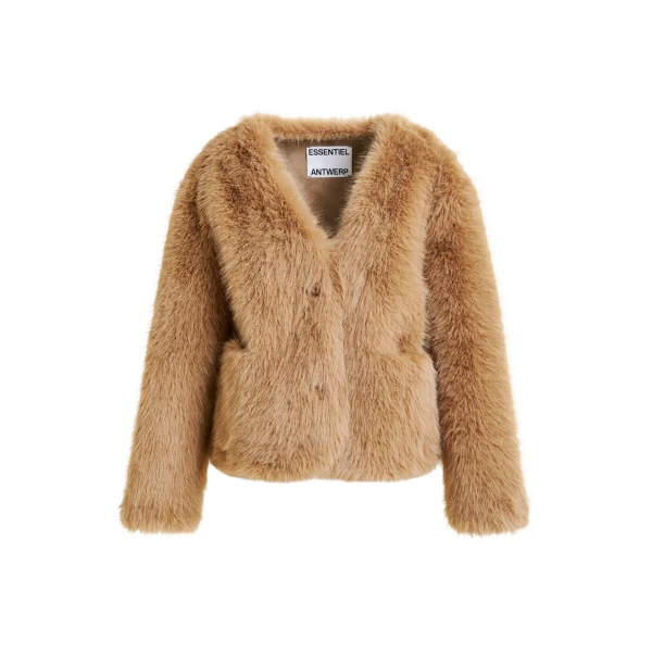 Essentiel Antwerp Brown faux fur jacket - Essentiel Antwerp Jackets - Colorful Belgian Design - Shop at Coveti