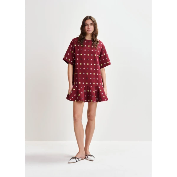 Essentiel Antwerp Burgundy and multicolor embroidered oversized dress with mirror accents & ruffled Hem, view 2