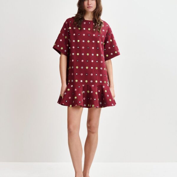 Essentiel Antwerp Burgundy and multicolor embroidered oversized dress with mirror accents & ruffled Hem - Essentiel Antwerp Dresses - Colorful Belgian Design - Shop at Coveti