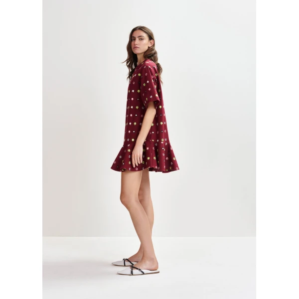 Essentiel Antwerp Burgundy and multicolor embroidered oversized dress with mirror accents & ruffled Hem, view 3