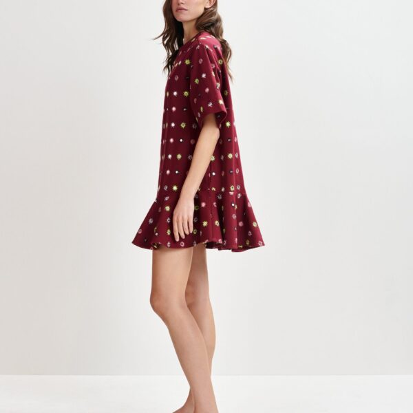 Essentiel Antwerp Burgundy and multicolor embroidered oversized dress with mirror accents & ruffled Hem - Essentiel Antwerp Dresses - Colorful Belgian Design - Shop at Coveti