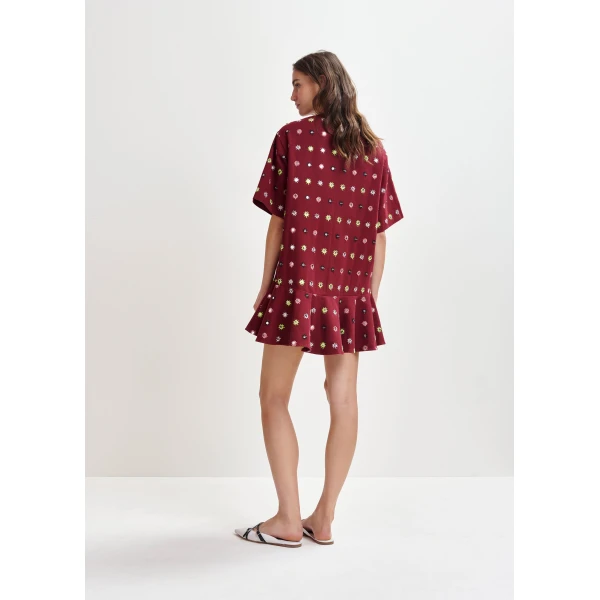 Essentiel Antwerp Burgundy and multicolor embroidered oversized dress with mirror accents & ruffled Hem, view 4