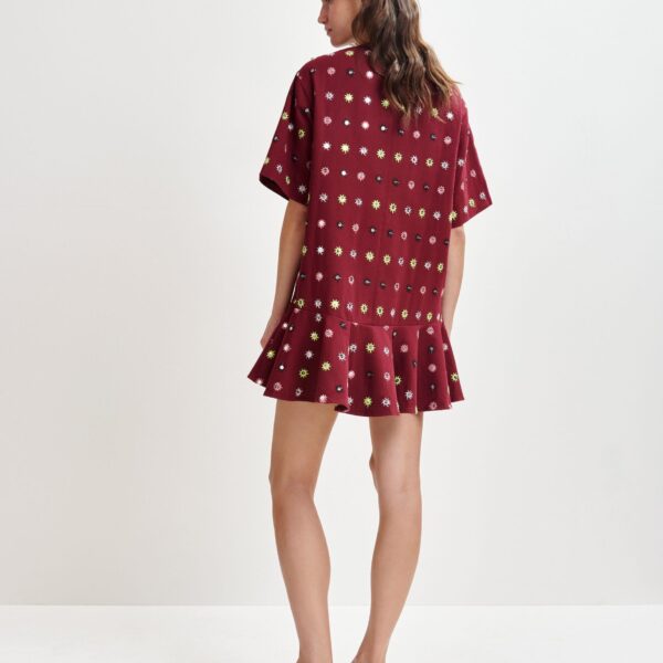Essentiel Antwerp Burgundy and multicolor embroidered oversized dress with mirror accents & ruffled Hem - Essentiel Antwerp Dresses - Colorful Belgian Design - Shop at Coveti