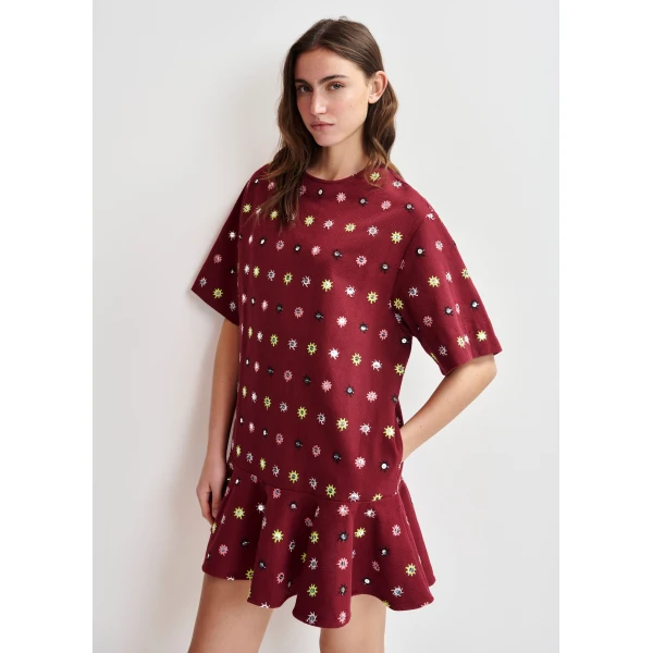 Essentiel Antwerp Burgundy and multicolor embroidered oversized dress with mirror accents & ruffled Hem, view 5