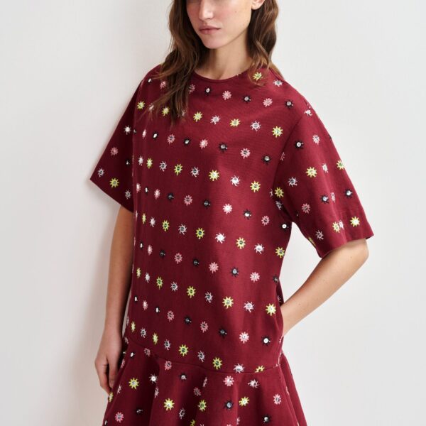 Essentiel Antwerp Burgundy and multicolor embroidered oversized dress with mirror accents & ruffled Hem - Essentiel Antwerp Dresses - Colorful Belgian Design - Shop at Coveti