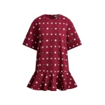 Essentiel Antwerp Burgundy and multicolor embroidered oversized dress with mirror accents & ruffled Hem - Essentiel Antwerp Dresses - Colorful Belgian Design - Shop at Coveti