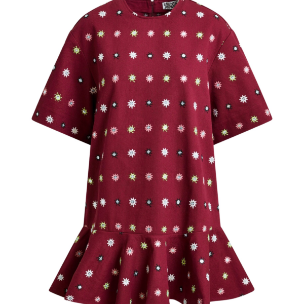 Essentiel Antwerp Burgundy and multicolor embroidered oversized dress with mirror accents & ruffled Hem - Essentiel Antwerp Dresses - Colorful Belgian Design - Shop at Coveti