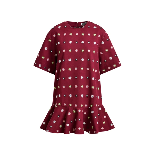 Essentiel Antwerp Burgundy and multicolor embroidered oversized dress with mirror accents & ruffled Hem - Essentiel Antwerp Dresses - Colorful Belgian Design - Shop at Coveti