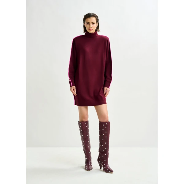Essentiel Antwerp Burgundy and pink turtleneck wool-blend mini dress with contrast stripe, view 2