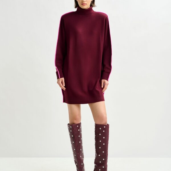 Essentiel Antwerp Burgundy and pink turtleneck wool-blend mini dress with contrast stripe - Essentiel Antwerp Dresses - Colorful Belgian Design - Shop at Coveti