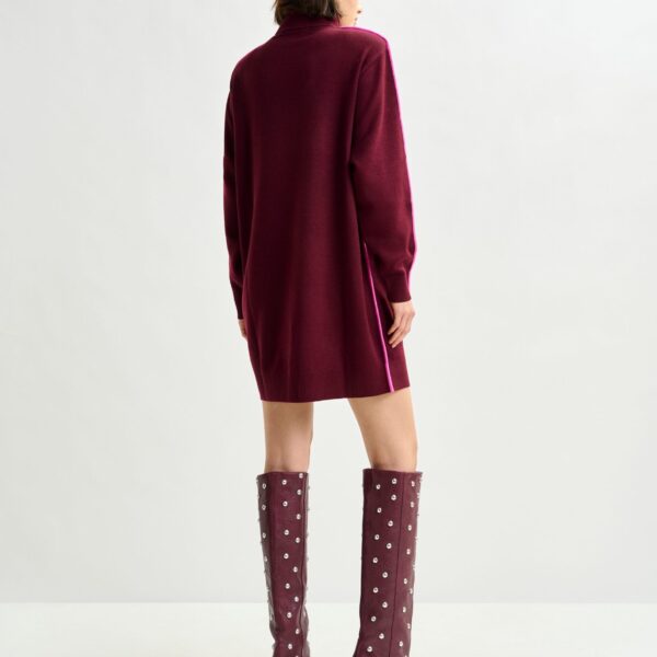 Essentiel Antwerp Burgundy and pink turtleneck wool-blend mini dress with contrast stripe - Essentiel Antwerp Dresses - Colorful Belgian Design - Shop at Coveti