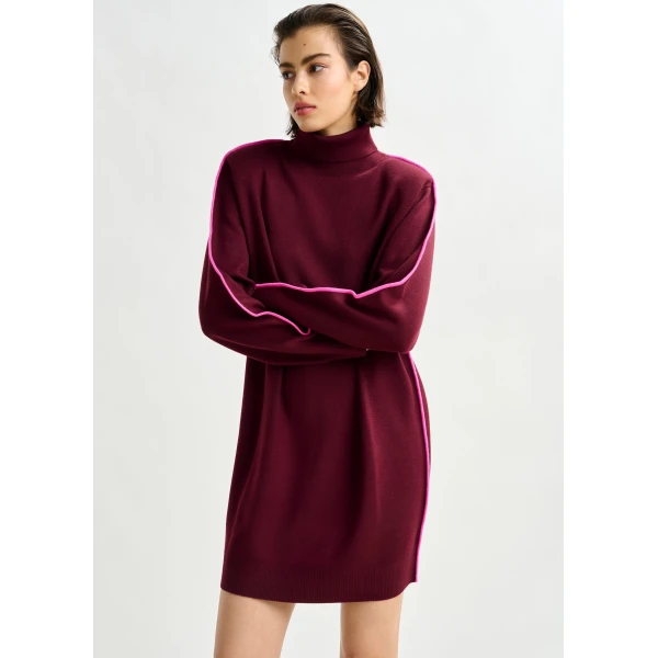 Essentiel Antwerp Burgundy and pink turtleneck wool-blend mini dress with contrast stripe, view 4
