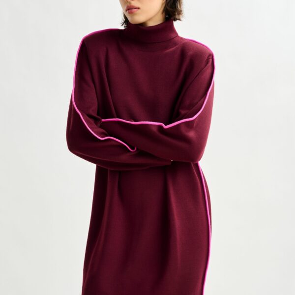 Essentiel Antwerp Burgundy and pink turtleneck wool-blend mini dress with contrast stripe - Essentiel Antwerp Dresses - Colorful Belgian Design - Shop at Coveti