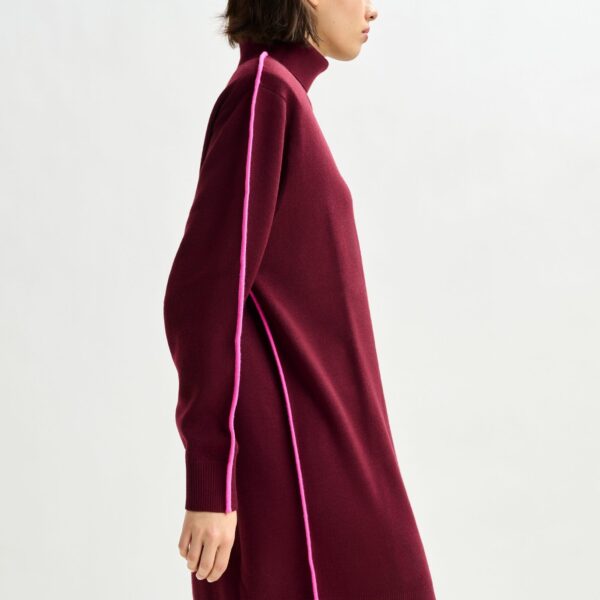 Essentiel Antwerp Burgundy and pink turtleneck wool-blend mini dress with contrast stripe - Essentiel Antwerp Dresses - Colorful Belgian Design - Shop at Coveti